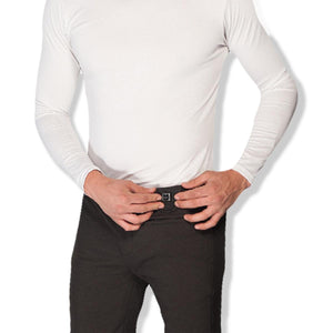 Person wearing black heated pants with a power button on the waistband