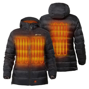 Venture Heat black hooded puffer jacket showing internal heating elements on front and back