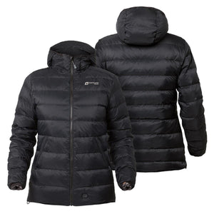 Venture Heat black hooded puffer jacket shown from front and back views