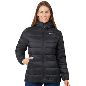 Woman wearing a black Venture Heat hooded puffer jacket