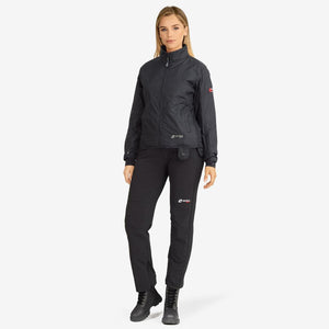 Woman wearing Venture Heat black jacket and matching trousers