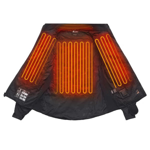 Venture Heat jacket interior showing glowing orange heating elements on the back and chest panels