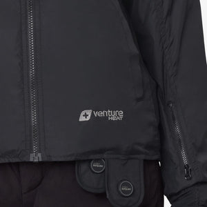 Close up of black Venture Heat jacket with branded logo and control buttons