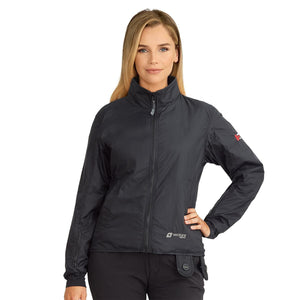 Woman wearing a black Venture Heat heated jacket with a high collar and front zipper