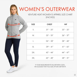 Venture Heat women outerwear size chart showing chest and hip measurements in inches for sizes small to 3XL