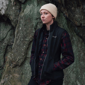 Person wearing a Venture Heat black vest over a plaid shirt and a beige beanie standing in front of a rock wall