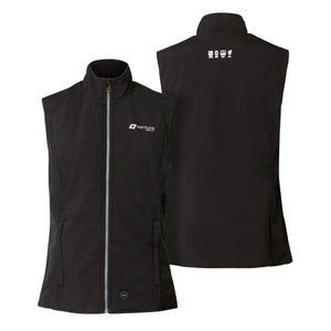 Front and back view of a black Venture Heat heated vest with a front zipper and power button