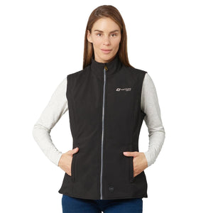 Woman wearing a black Venture Heat softshell vest with a front zipper and power button