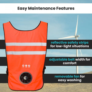 Venture Heat orange safety vest with reflective strips and removable cooling fan