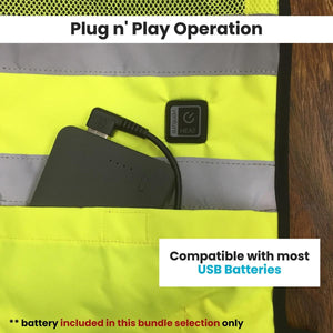 Venture Heat vest showing USB battery connection and power button