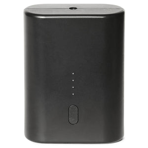 Venture Heat black portable power bank with four LED battery indicator lights and a power button