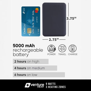 Venture Heat 5000 mAh rechargeable battery with dimensions and heating duration specifications