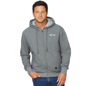 Man wearing a grey Venture Heat zip up hoodie with a fleece lining