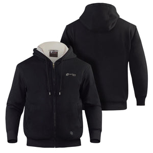 Venture Heat black zip up hoodie with cream lining and front and back view