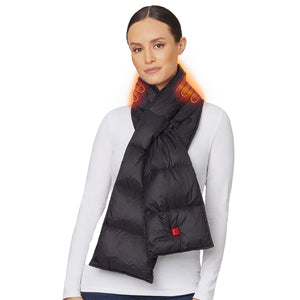 Woman wearing a black Venture Heat heated scarf with glowing orange heating elements around the neck