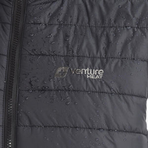 Water droplets on black quilted Venture Heat jacket fabric