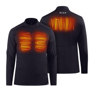 Black long sleeve heated shirt showing front and back heating elements