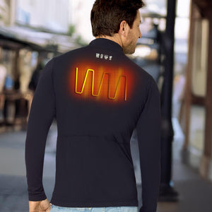 Man wearing Venture Heat black long sleeve base layer with glowing orange heating element graphic on back