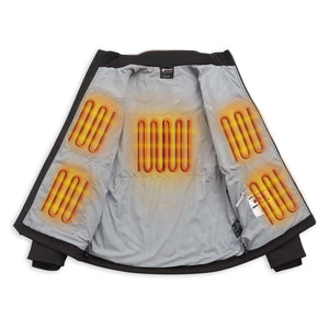 Interior of Venture Heat jacket showing five glowing orange heating elements on the grey lining