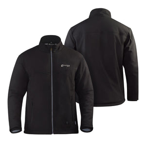 Front and back view of a black Venture Heat softshell jacket