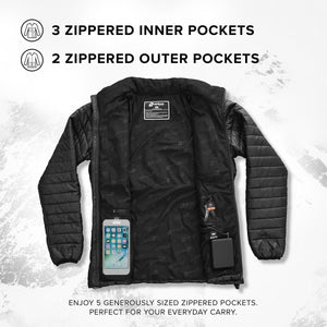 Venture Heat black jacket showing three inner and two outer zippered pockets with phone and battery pack storage