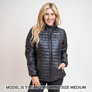 Woman wearing a black Venture Heat quilted jacket with a front zipper and logo