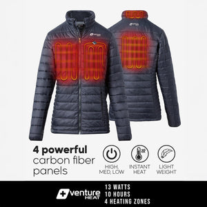 Venture Heat jacket showing four internal carbon fiber heating panels and three heat settings
