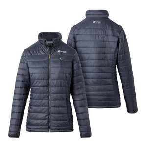 Front and back view of a black Venture Heat quilted jacket