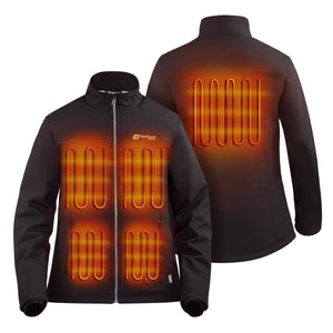 Venture Heat black softshell jacket showing front and back heating element zones