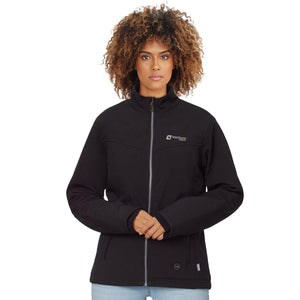 Woman wearing a black Venture Heat softshell jacket with a front zipper