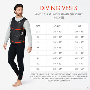 Venture Heat unisex diving vest size chart showing chest and hip measurements in inches
