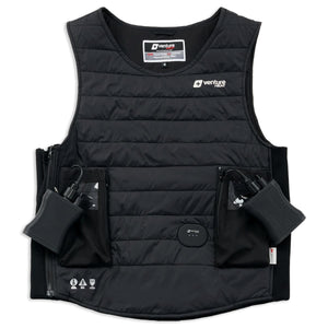 Venture Heat black quilted heated diving vest with two battery packs in front pockets