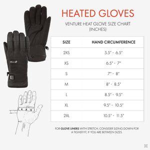 Venture Heat heated glove size chart with hand circumference measurements in inches
