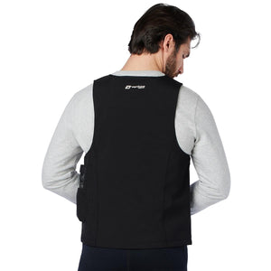 Man wearing a black Venture Heat heated vest over a grey long sleeve shirt