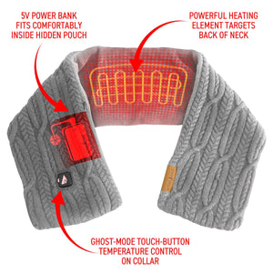 ActionHeat grey cable knit scarf with heating element power bank pouch and touch button temperature control