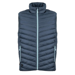 Dark blue quilted puffer vest with light blue zipper and side pockets