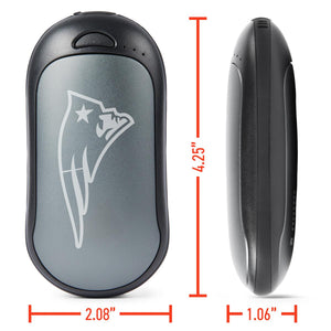 ActionHeat hand warmer with New England Patriots logo showing dimensions of 4.25 inches by 2.08 inches by 1.06 inches