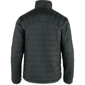 Back view of a black FjallRaven quilted jacket with a high collar