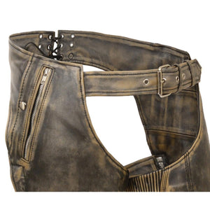 Distressed brown leather motorcycle chaps with side zipper and adjustable waist buckle