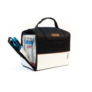 Kanga Coolers black and white insulated beverage bag holding a thirty pack of Natural Light