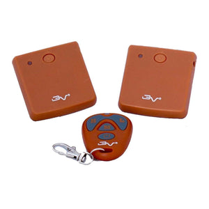 Two square brown BV remote receivers and one teardrop shaped BV key fob remote