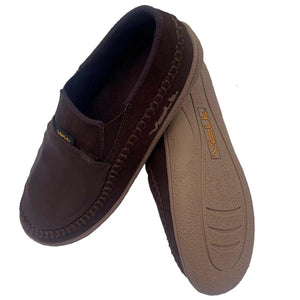 Brown Volt brand slip on slippers with textured rubber soles