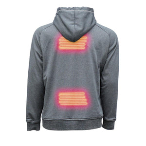Back view of grey heated hoodie showing glowing heating elements