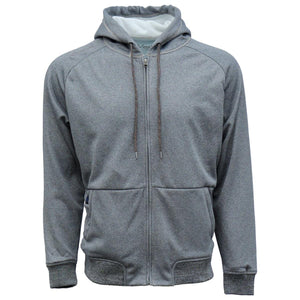 Grey zip up hoodie with drawstring hood and ribbed cuffs