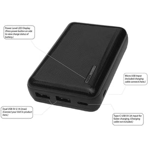 Volt Heat 10000mAh portable battery with labeled LED display, dual USB outputs, micro USB input, and Type-C input