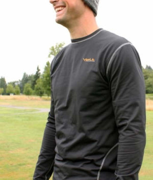 Man wearing a black Volt long sleeve base layer shirt with grey contrast stitching