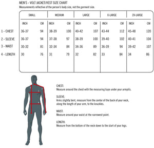 Mens Volt jacket and vest size chart with body measurement instructions