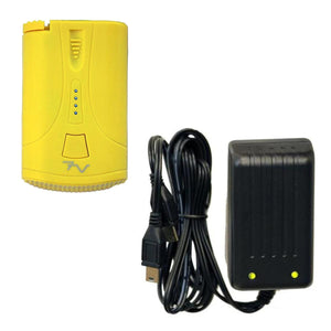 Yellow portable battery pack with a black charging cable and wall adapter