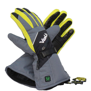Volt Heat grey and yellow heated winter gloves with wrist strap and power button