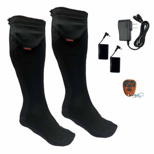 Volt heated socks with two battery packs, wall charger, and remote control